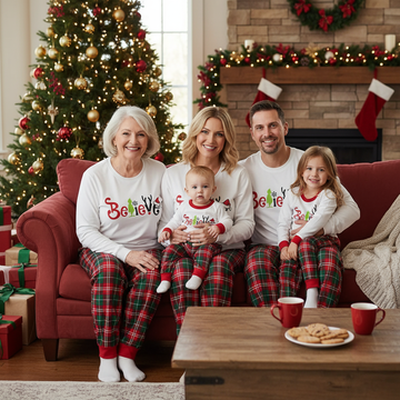 Christmas 2025"Believe" Letter White Long Sleeve Top with Red & Green Plaid Pants Family Matching Pajamas