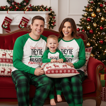 'Dear Santa They Are The Naughty One' Letter Print Casual Long Sleeve Sweatshirts Green Contrast Tops and Black and Green Plaid Pants  Family Matching Raglan Long-sleeve Pajamas Sets With Dog Bandana