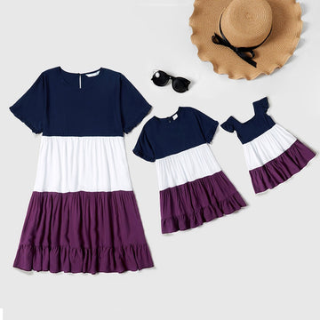 Colorblock Short Sleeve Tiered Dress for Mom and Me