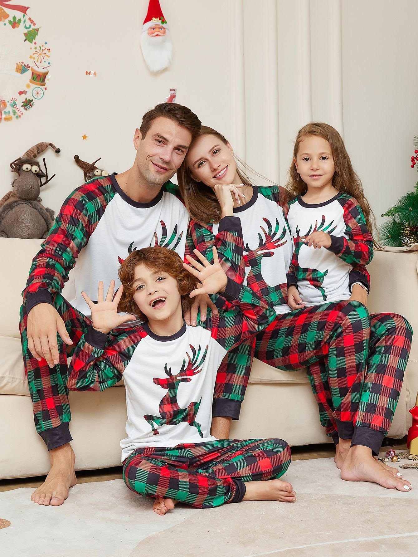 Deer Plaid Print Red and Green Plaid Shoulder Long Sleeve Long Pants Family Pajama Set