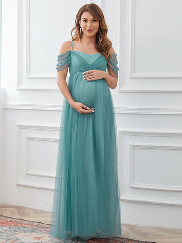 Maternity Off Shoulder Mesh Dress