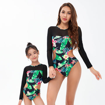 Mom and Daughter Matching Swimsuits Tropical Print Long Sleeve One Piece Swimsuit