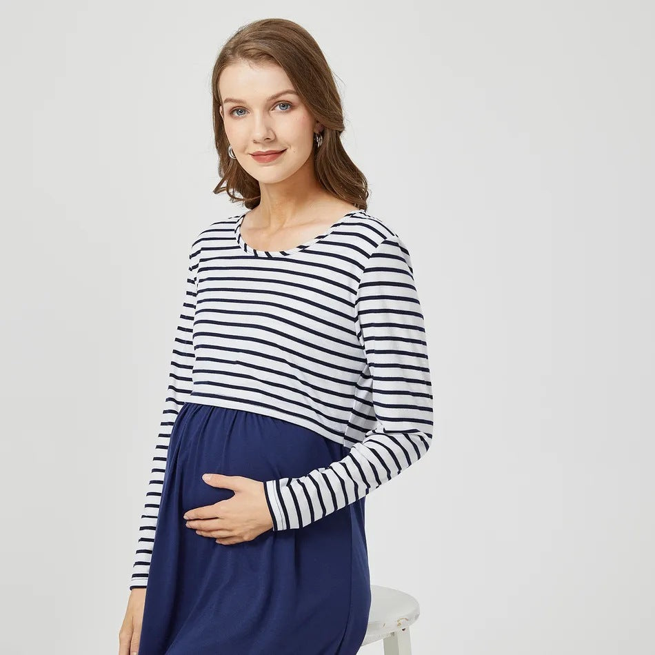 Maternity Striped Long Sleeve Nursing Dress