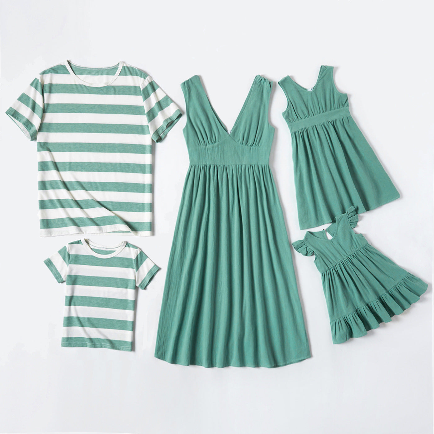 Family Matching Outfit V Neck Tank Dresses and T-shirts Sets