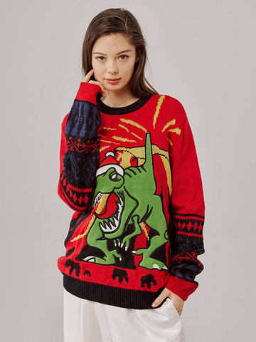 Unisex Knitted Embroidered Fire Dinosaur Ugly Christmas Sweater