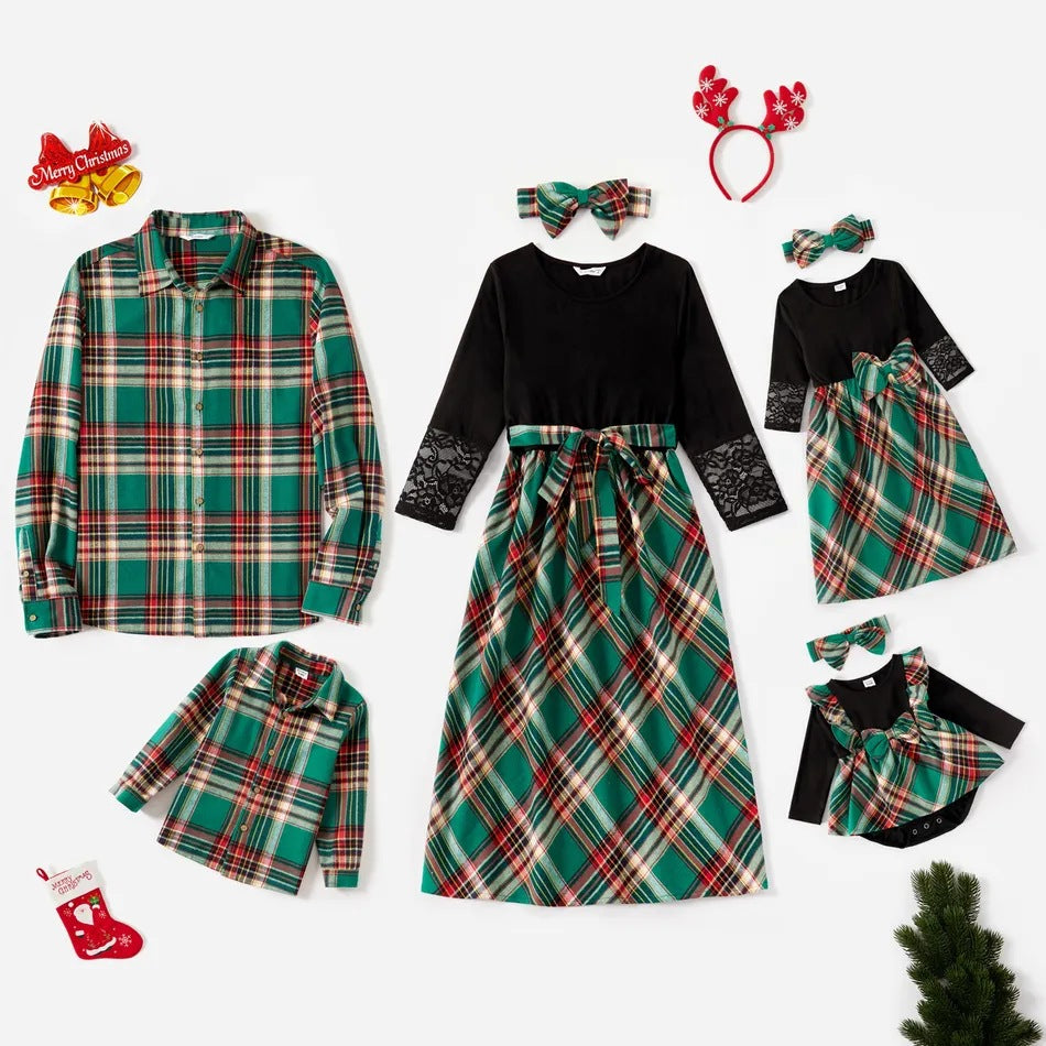 Family Matching Outfit Plaid Print Lace Long Sleeve Dress and Shirts Sets