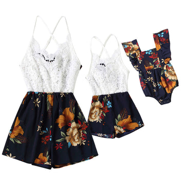 Mom and Daughter Lace Floral Print Cami Romper