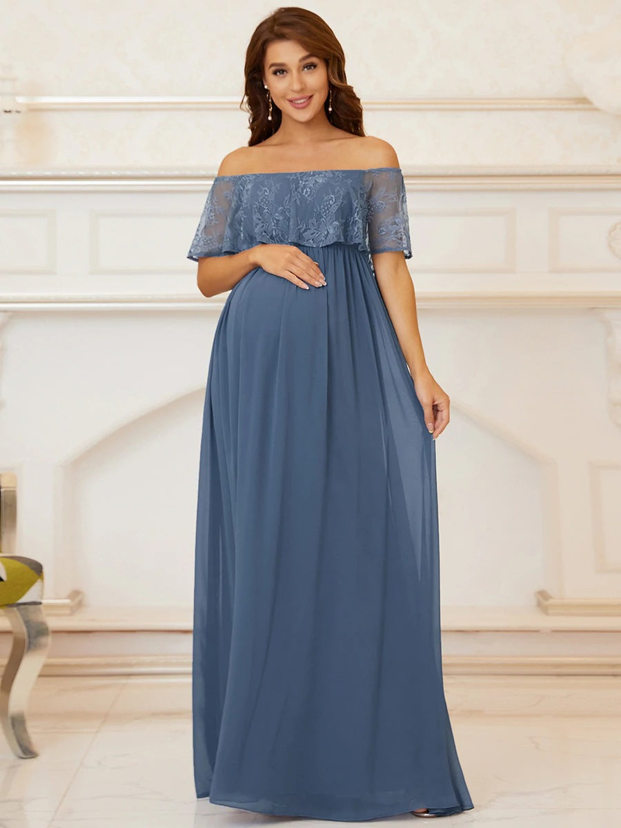 Maternity Cold Shoulder Ruffle Trim Floor Length Dress