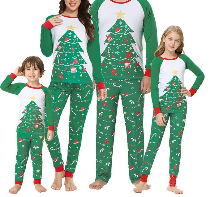 Cozy Christmas Tree Long Sleeve Pajama Set with Ribbed Cuffs