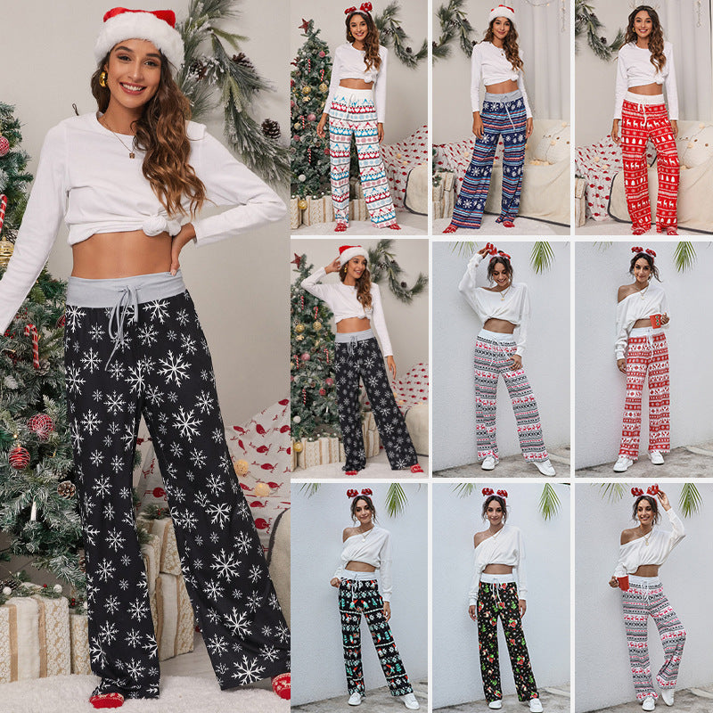 Women's Tie-Waist Casual Long Pants - Stylish, Loose-Fit Christmas Print Trousers