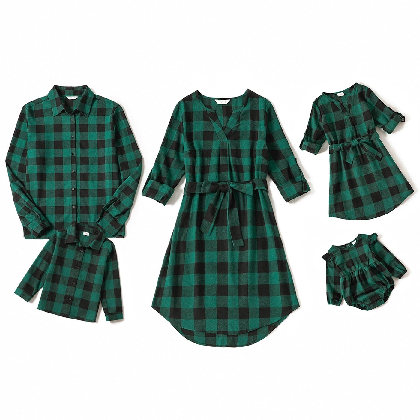 Family Matching Plaid Print Green Long-sleeve Family Dresses and Shirts Sets