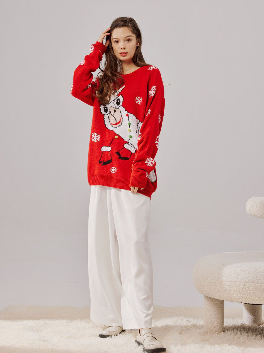 Red Knit Christmas Sweater for Women with Cartoon Pattern – Chicmatchy