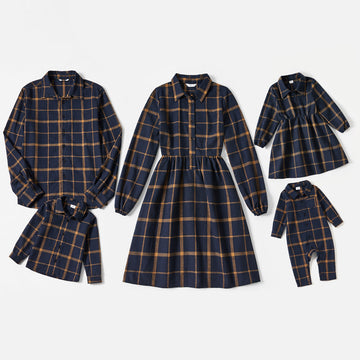 Mom and Daughter Plaid  Long-sleeve Button Placket Dress