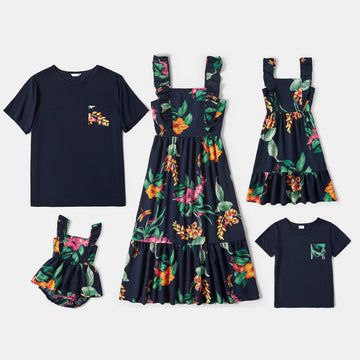 Family Matching All Over Floral Print Ruffle Deep V Neck Sleeveless Dresses and T-shirts Sets