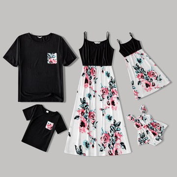 Family Matching Solid Spaghetti Strap Splicing Floral Print Dresses and Short-sleeve T-shirts Set