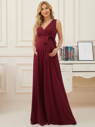 Maternity Surplice Neck Belted Dress