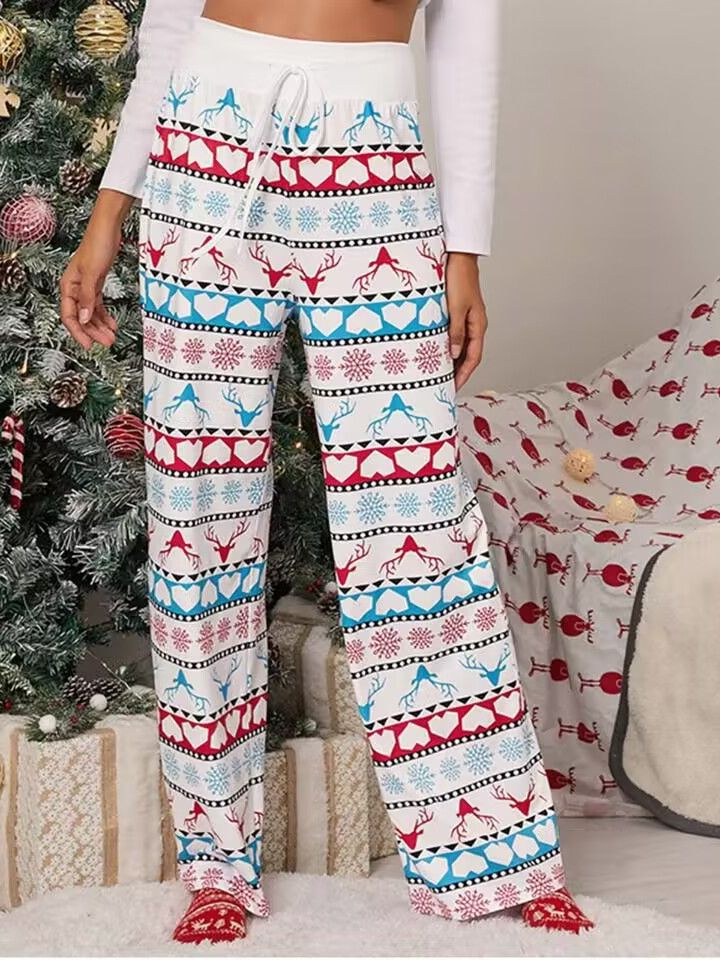Tie-Waist Casual Long Pants - Stylish Loose-Fit Christmas Print Trousers for Women