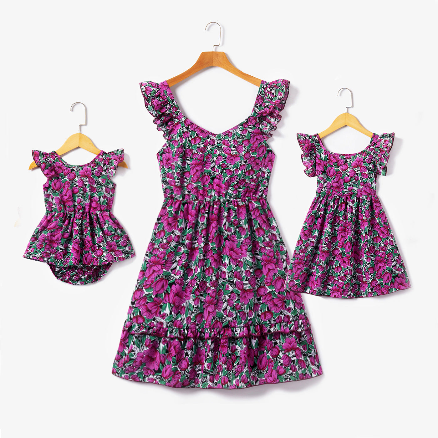 All Over Purple Floral Print Flutter-sleeve Dress for Mom and Me