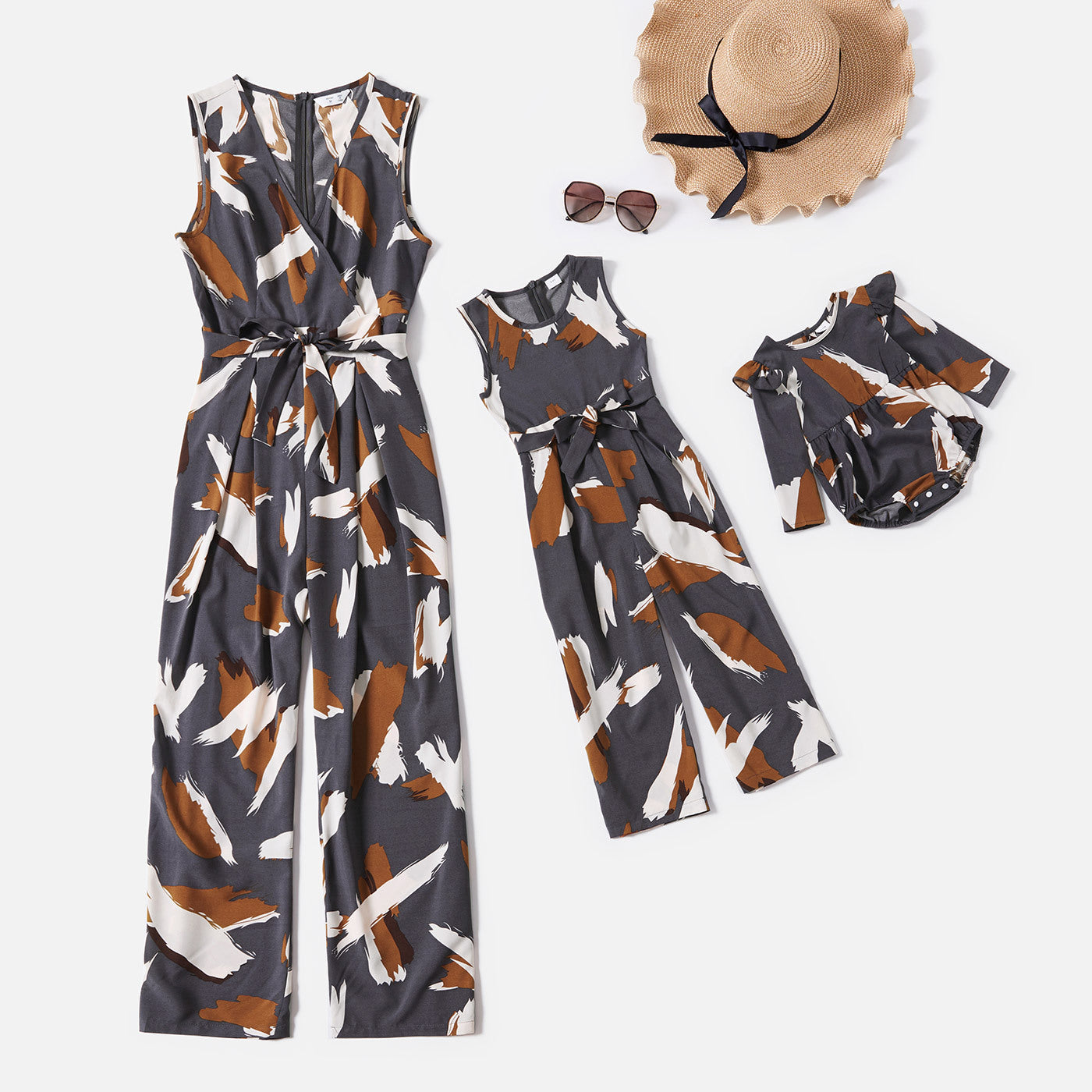 All Over Graffiti Print Sleeveless Belted Jumpsuits for Mom and Me