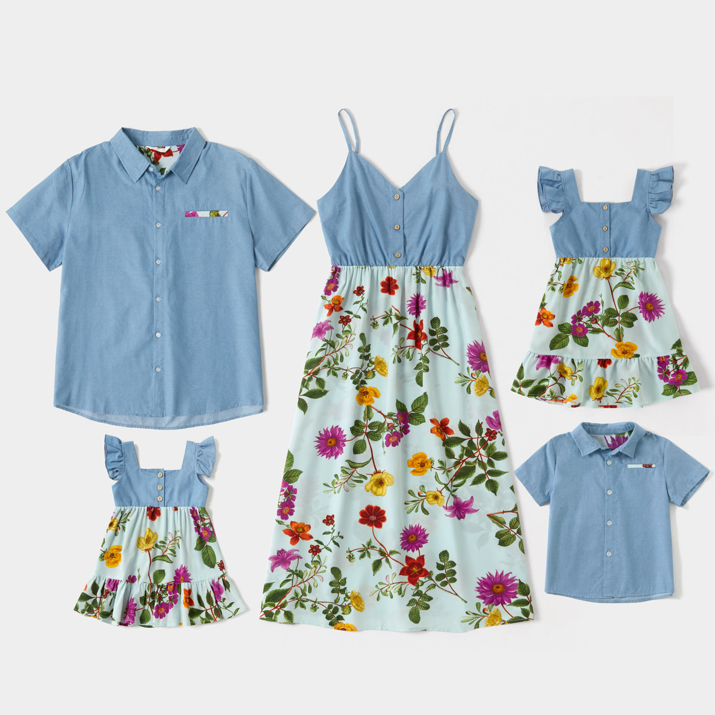 Floral Print Family Matching V Neck Sleeveless Dresses and T-shirts Sets