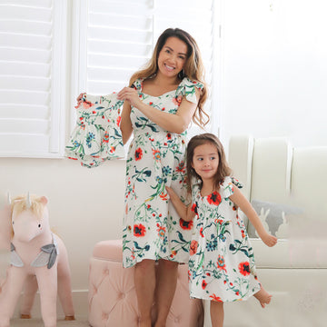 Mommy and Me Floral Printed Dresses Shoulder Straps Bowknot Sleeveless Matching Outfits