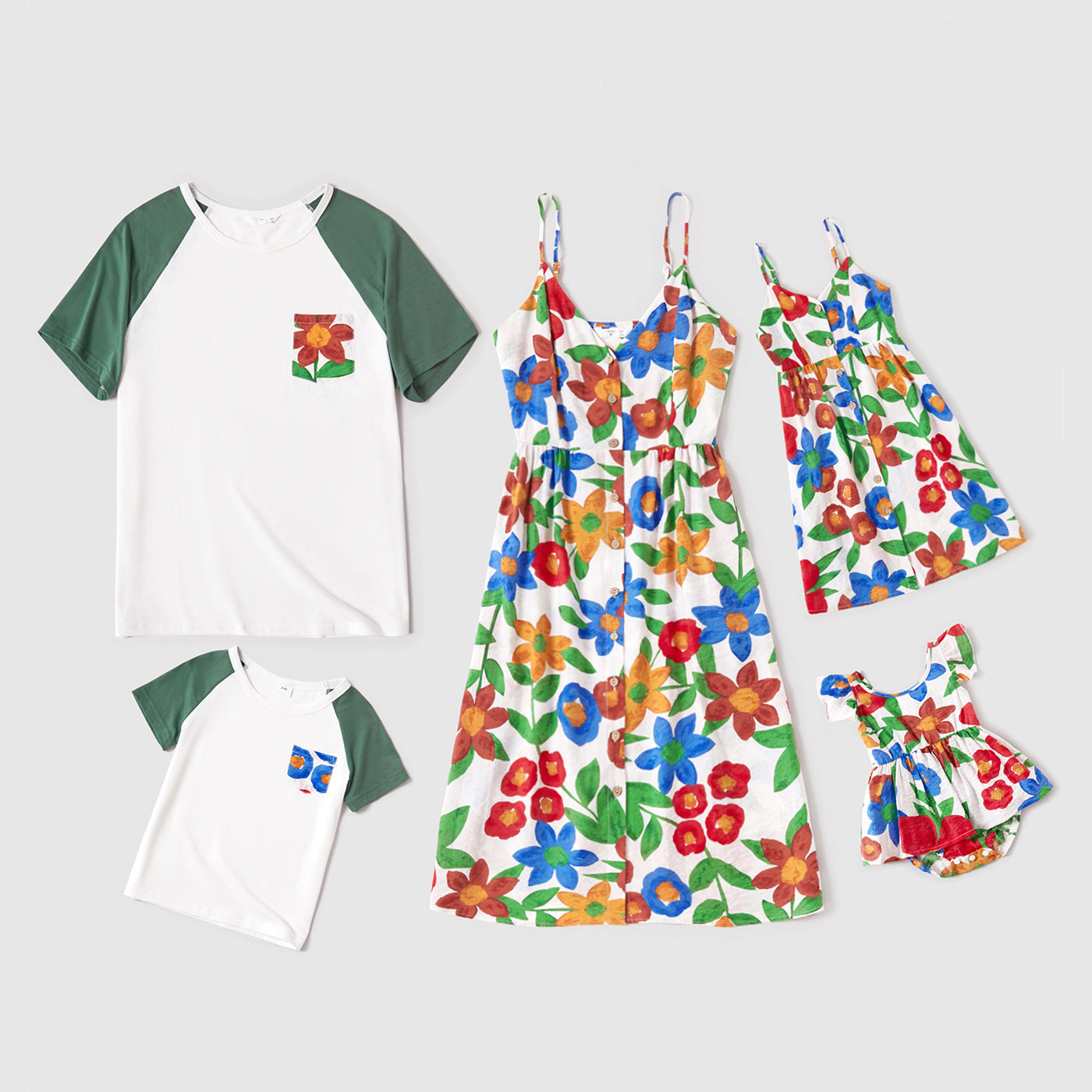 Family Matching All Over Floral Print V Neck Spaghetti Strap Midi Dresses and Splicing Short-sleeve T-shirts Sets