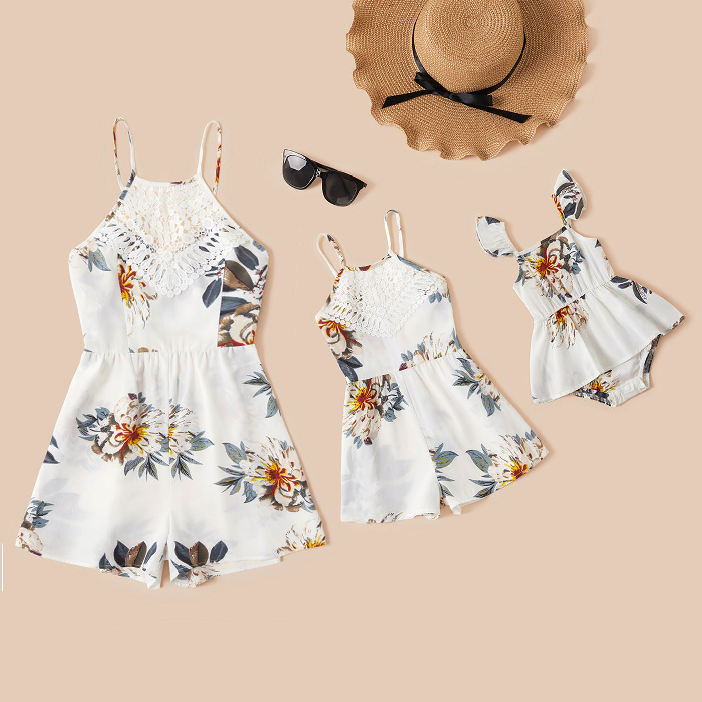 All Over Floral Print White Lace Waist Cami Romper for Mom and Me