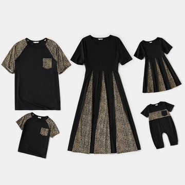 Leopard Splicing Black Round Neck Short-sleeve Dresses and T-shirts Sets