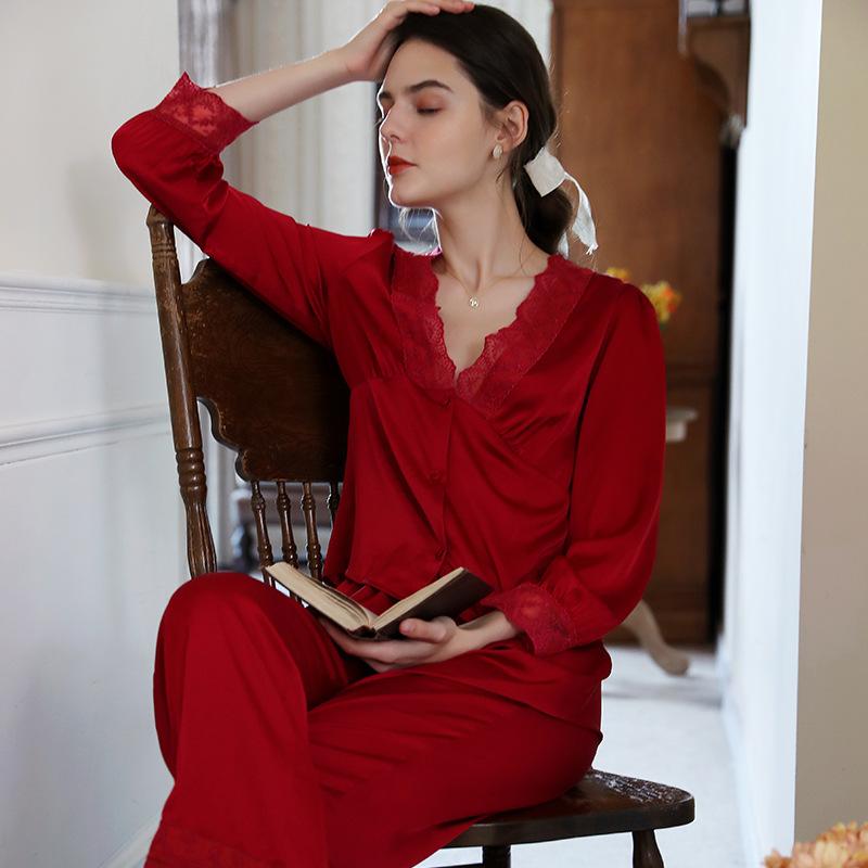 Contrast Lace Red Satin Pajamas Set