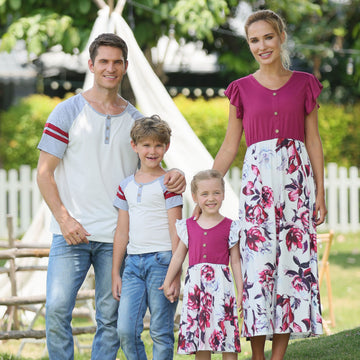 Family Matching Solid Fuschia Short-sleeve Floral Print Dresses & T-shirts Sets