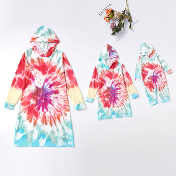 All Over Tie Dye Long-sleeve Hoodie Dress for Mom and Me