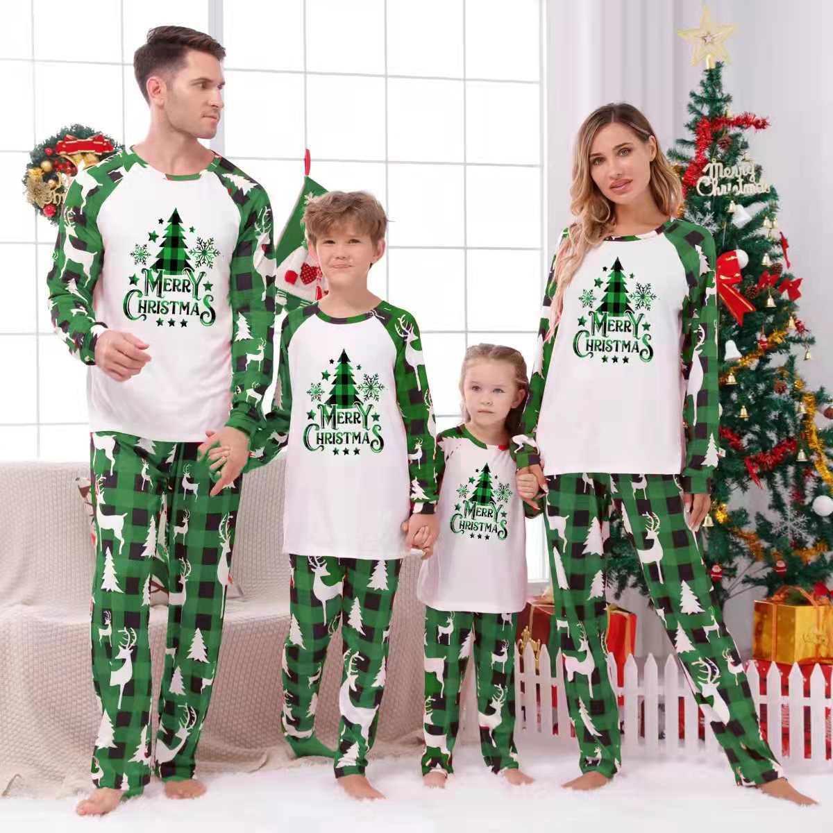 Merry Christmas Printed Top and Plaid Pants Pajama Set