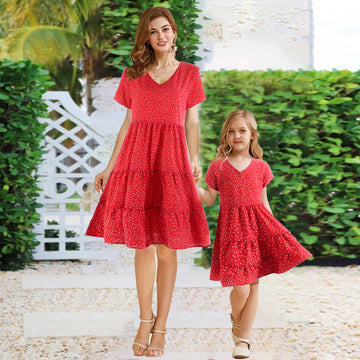 All Over Polka Dots Brick Red Ruffle-sleeve Dress for Mom and Me