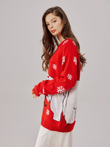Red Knit Christmas Sweater for Women with Cartoon Pattern