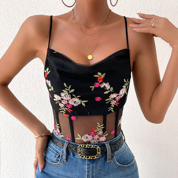 Sultry Floral Embroidered Mesh Sheer Camisole Bodysuit