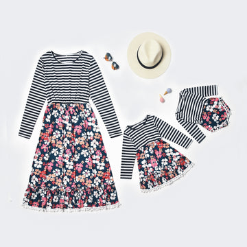 Striped Long-sleeve Splicing Floral Mom & Me Dresses