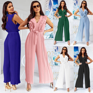 Surplice Neck Ruffle Belted Wide Leg Jumpsuit