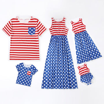 Family Matching Outfit Striped & Star Print Dresses and T-shirts 4th Of July Matching Sets