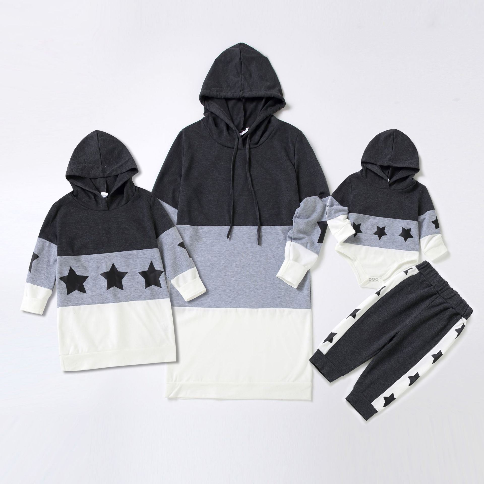 Star Print Colorblock Long-sleeve Drawstring Hoodie Dress for Mom and Me