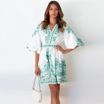 Floral Pattern V Neck Puff Sleeve Dress