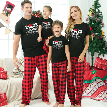 2023 Family Christmas Black Short-Sleeve Pajama Set with White Letter Print and Red-Black Checkered Long Pants