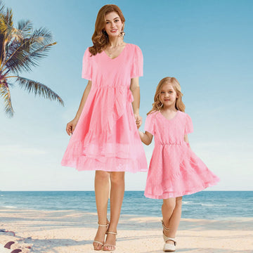 All Over Polka Dots Brick Pink Ruffle-sleeve Dress for Mom and Me