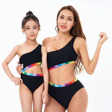 One Piece One Shoulder Matching Swimsuits For Mom and Daughter