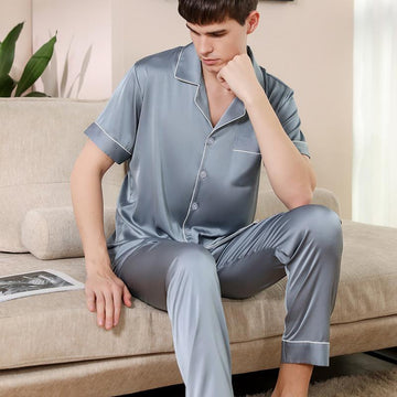 Luxurious Embroidered Collar Men's Satin Pajamas