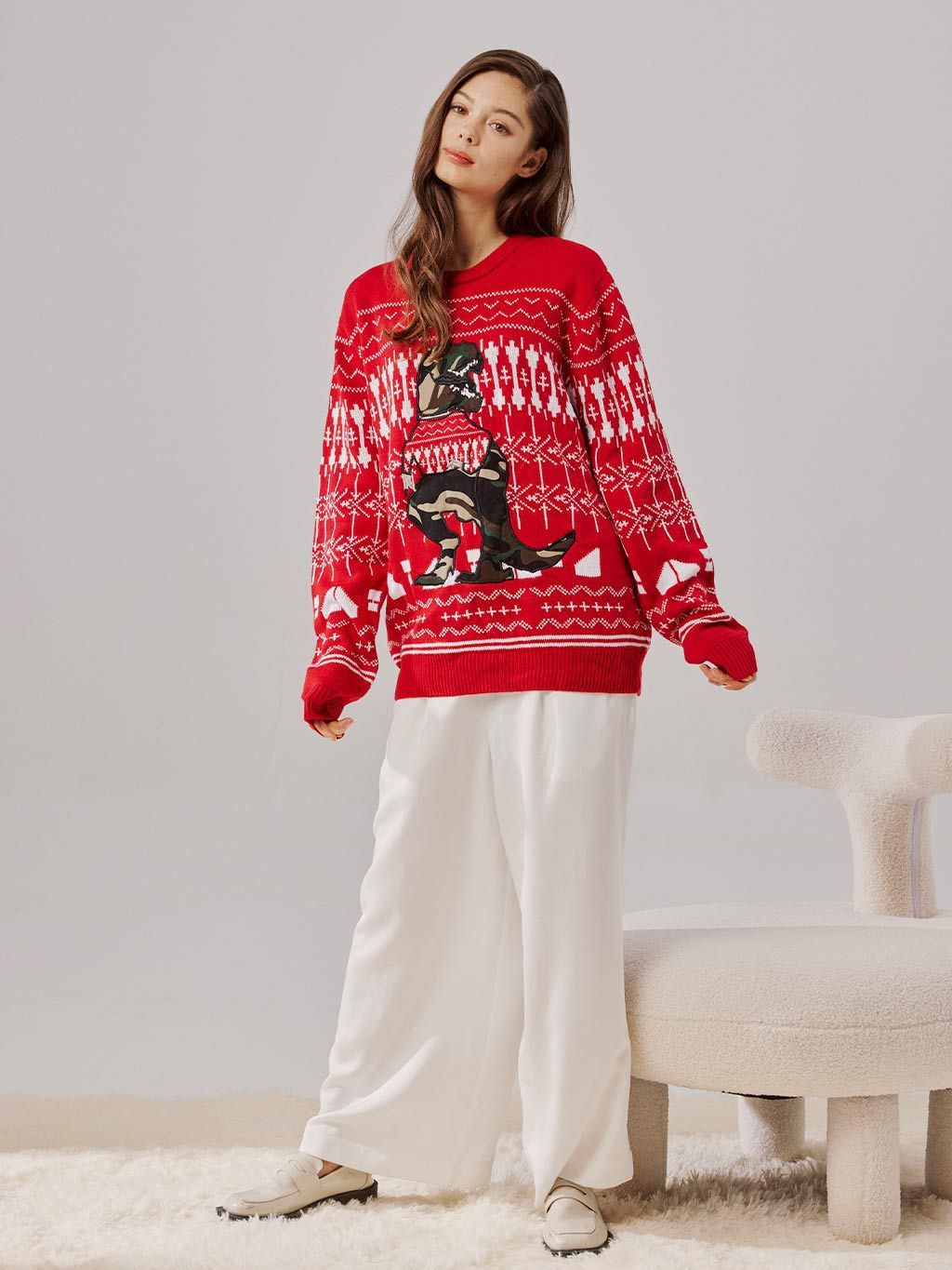 Red Dinosaur Pattern Knit Pullover Christmas Sweater - Perfect Gift