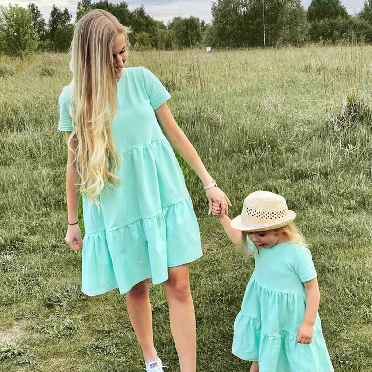Short Sleeve Plain Dress for Mom and Me
