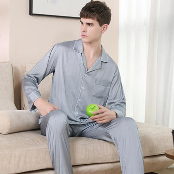 Printed Lapel Men's Satin Pajamas 2Pcs
