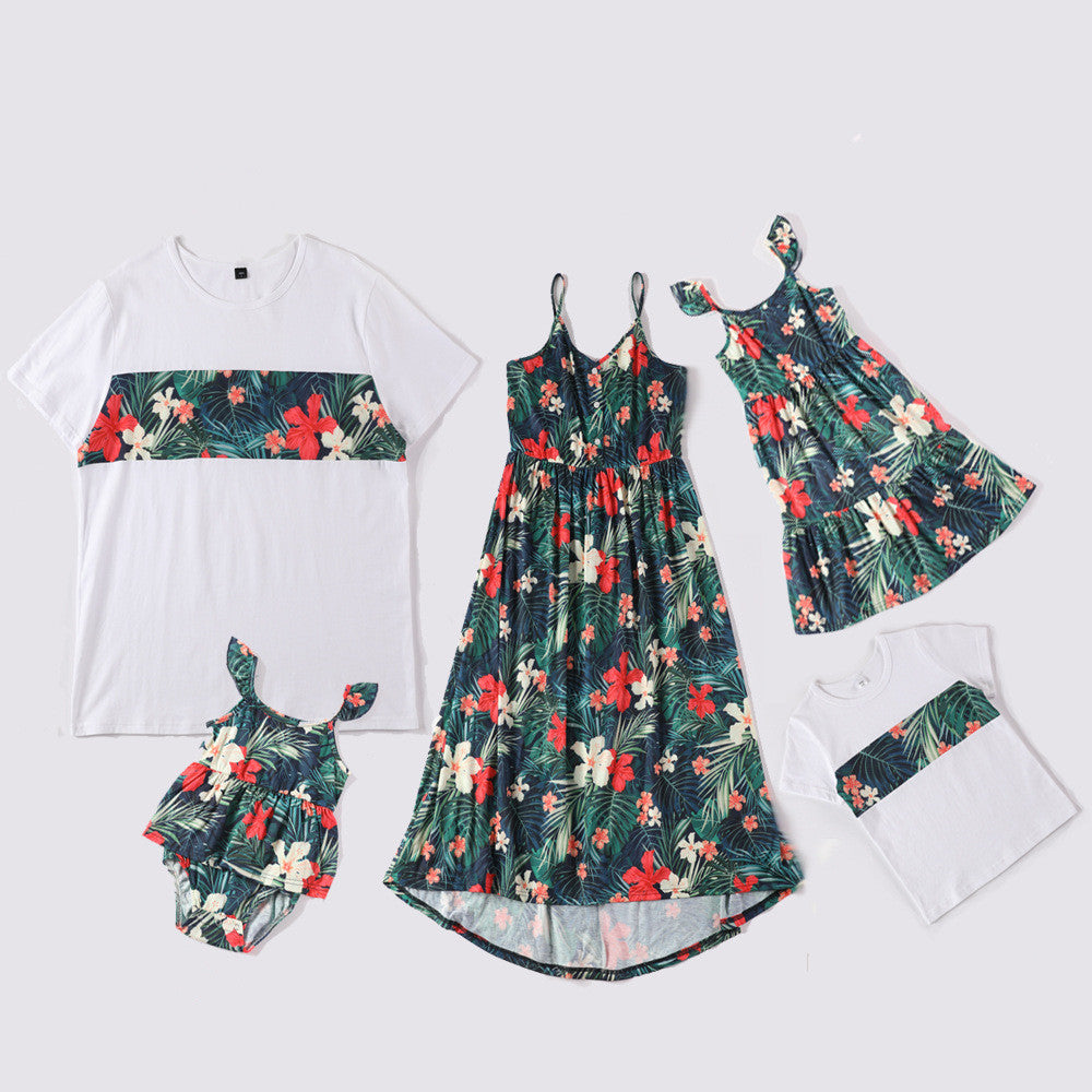 Plant Allover Printing Dresses and Tshirts Family Matching Sets