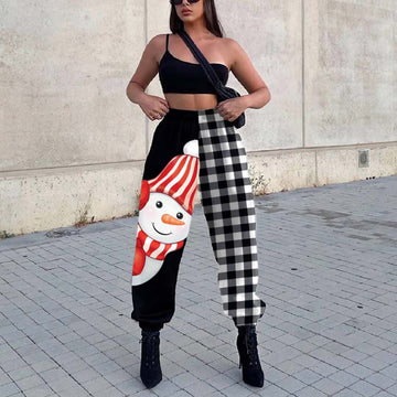 Christmas-themed Autumn/Winter Women's Fashion - Loose Fit Printed Athletic Harem Pants with a Touch of Plaid Elegance
