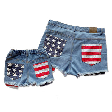 Mom and Me 4th of July Star Print Raw Hem Denim Shorts